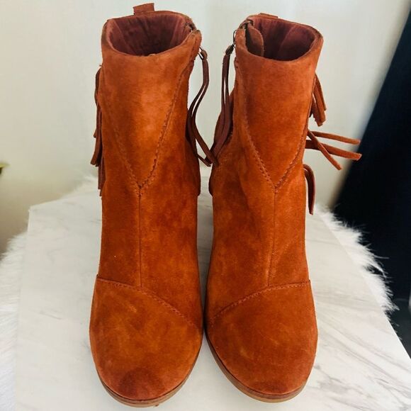TOMS Lunata Western Boho Tassel Suede Bootie Stacked Block‎ Heel, Brown Size 8.5 - Picture 5 of 17